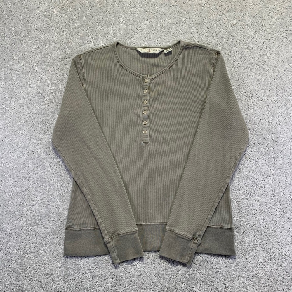 VTG Tommy Hilfiger Longsleeve Top Womens XL Henley Ribbed Knit Green Faded Y2k‎